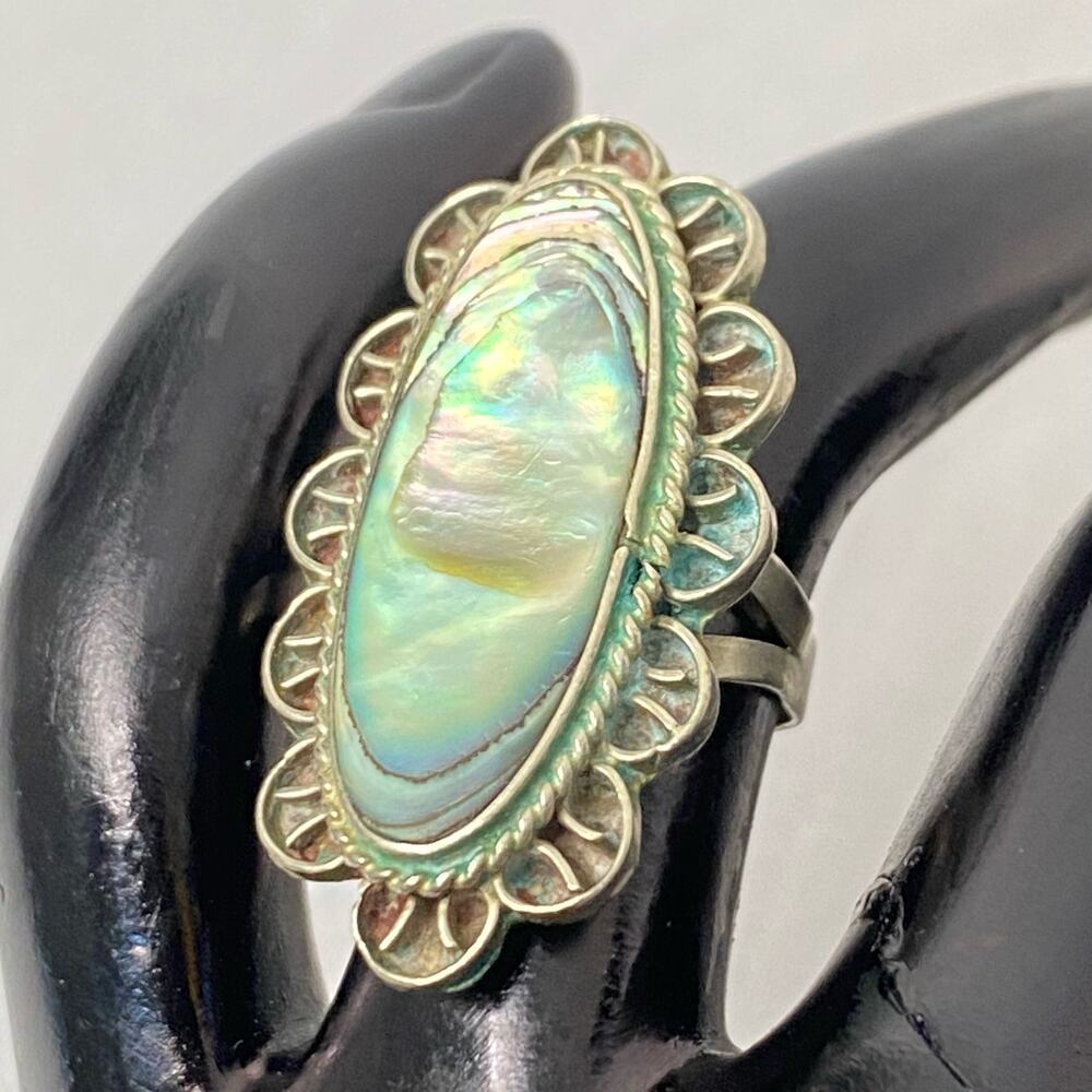 💎Mexico Silver Ring Long Oval Abalone Shell Stone With Scallopped Trim